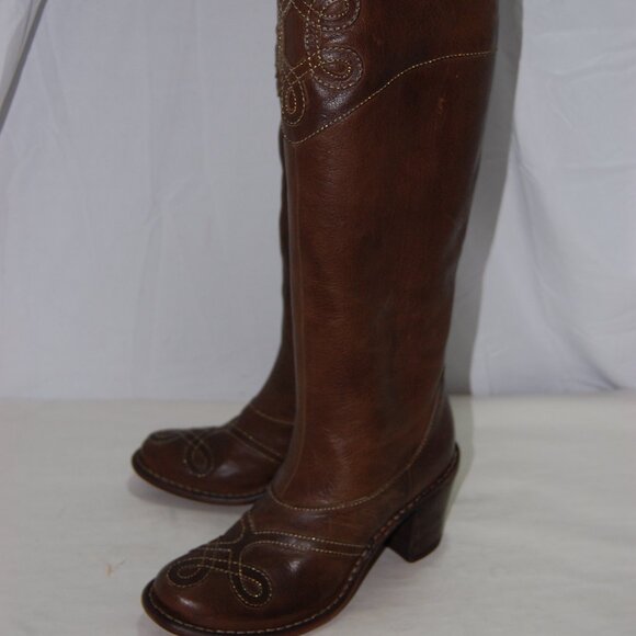 37/US7❤️ FIORENTINI+BAKER Brown Leather Over Knee High Heels Tall Biker BOOTS - Picture 6 of 14